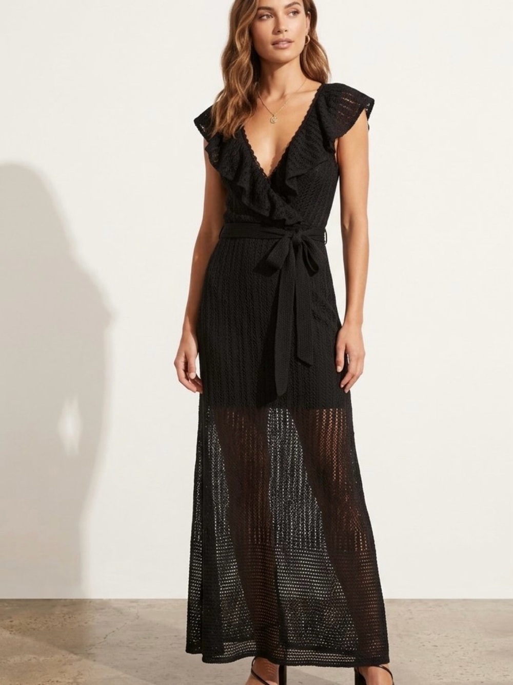 Avec Les Filles Black Ruffle Lace Maxi Dress w/ Tie Waist Plunging Neckline